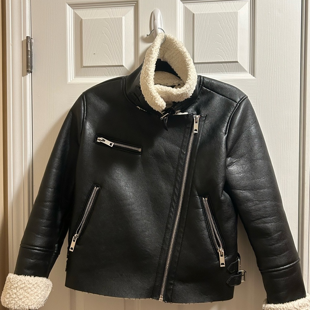 Blank NYC Black Leather Sherpa Jacket with Buckle Accents